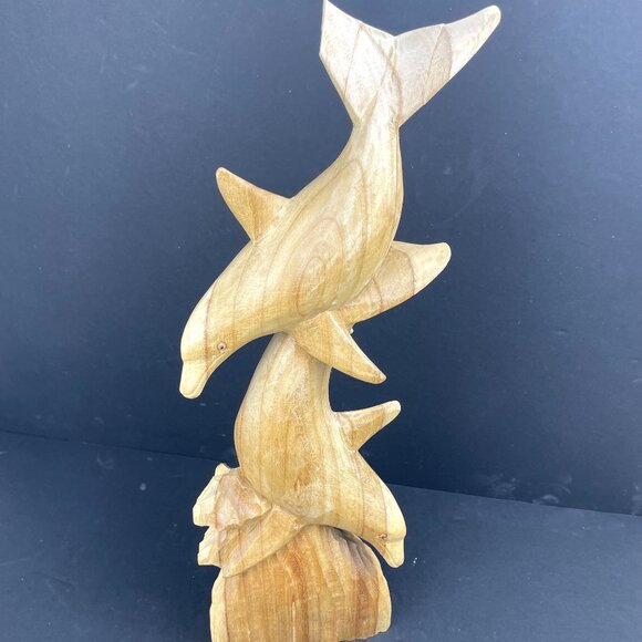 Wood Carved Dolphin Sculpture 18” Handcrafted – Natural Wood -Read Details - Picture 1 of 14